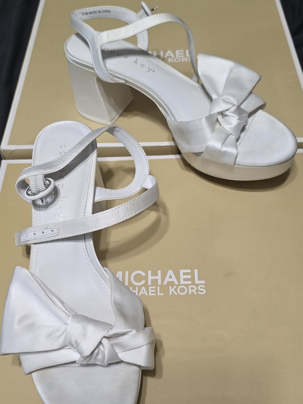 White Satin Bow Block Heel Sandals